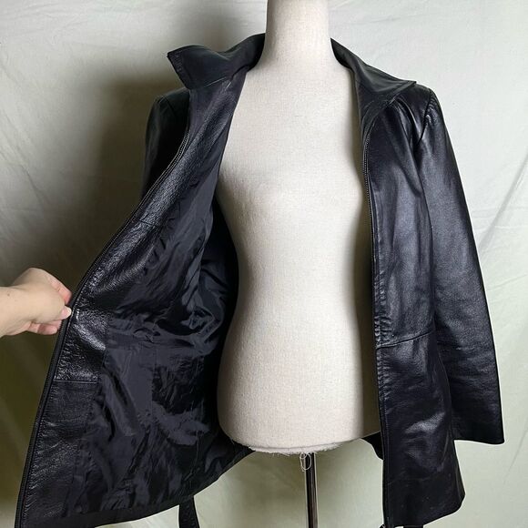 Worthington Belted Leather Jacket Zip Up Short Trench Black Y2K Vintage Medium - Picture 6 of 8